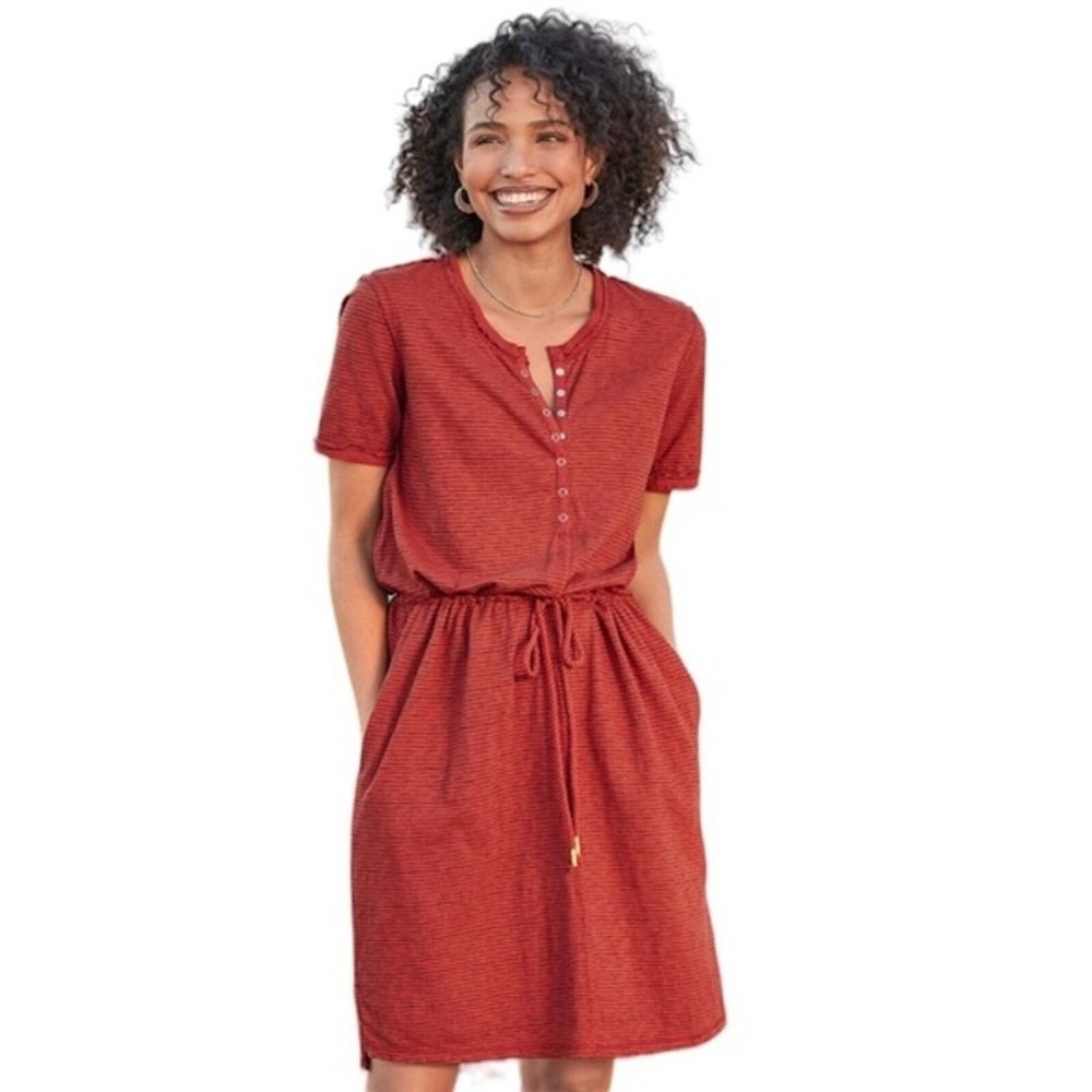 Sundance Womens PSX Candace Dress In‎ Orange Stripe Drawcord Waist Snap Collar